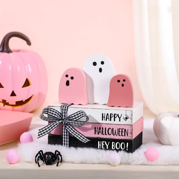 PoyoKee 3 Little Ghosts Pink Halloween Decorations, Halloween Wooden Desk Decor, Cute Stuff Book Stack With Bow-Tied Ribbons for Fireplace Shelf Gift