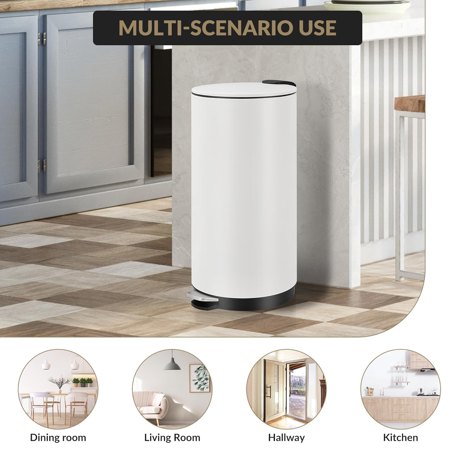Home Kitchen 8 Gallon (30L) Step Trash Can, Round Bathroom Garbage Can with Lid and Foot Pedal, Kitchen Garbage Bin with Removable Inner Bucket for Home Bedroom Office