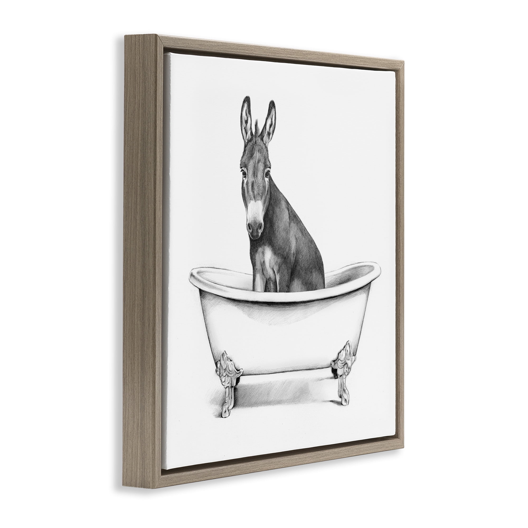 Stupell Industries Donkey in Bathtub Sketch Animals & Insects Drawing Brown Floater Framed Canvas Art Print Wall Art, 25 x 25