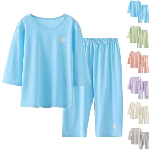 Ahuyic Summer Toddler Kids Shirt and Short Pants Set Boys Girls Solid Color Round Neck 2 Piece Outfits Casual Children's Set 11 Years Beige