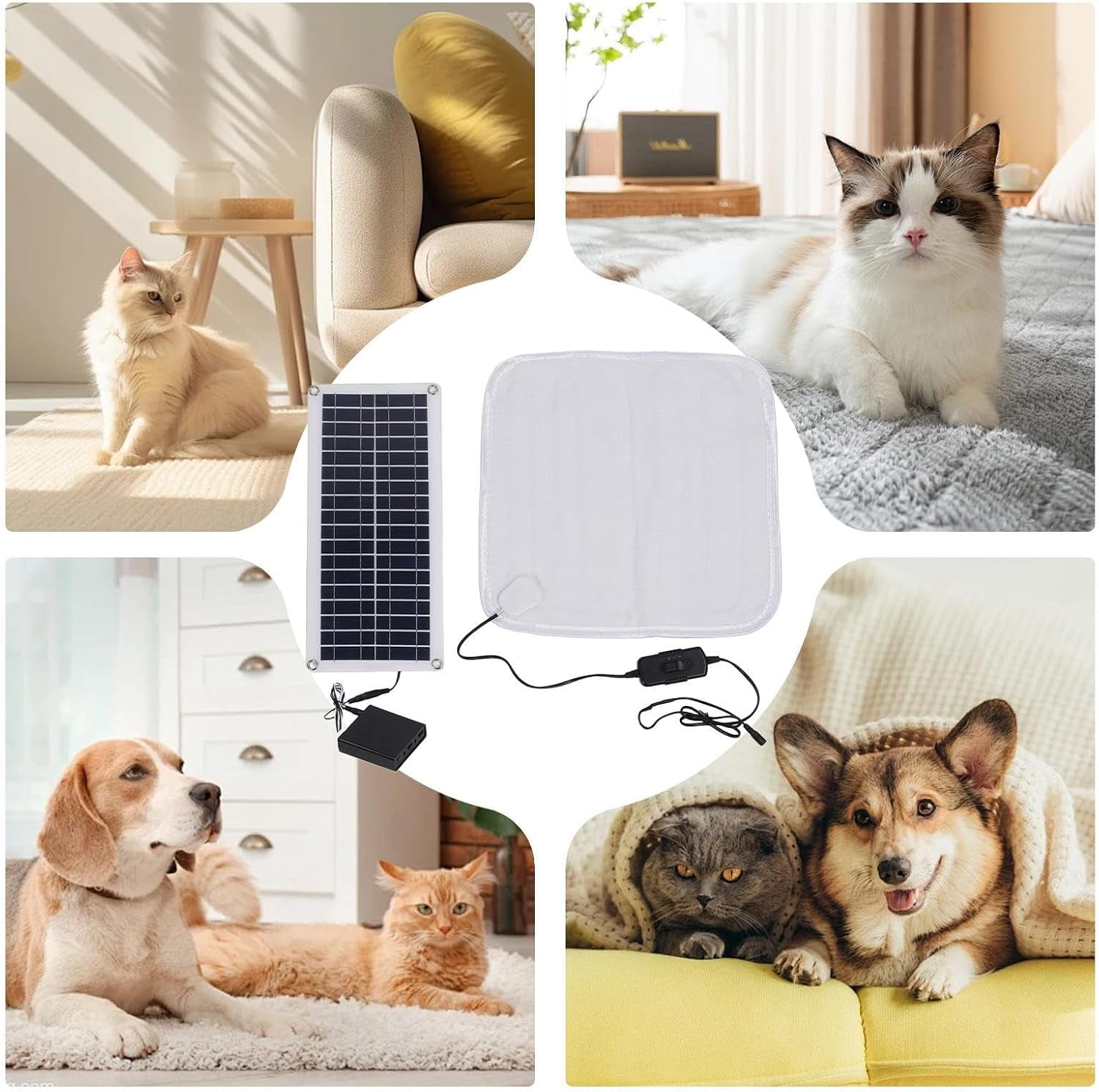 Solar Powered Pet Heating Pad - 12V 100W Solar Heated Dog Bed, Warming Cat Bed, Outdoor Kennel Heating Pad with Energy Storage Box, Adjustable Thermal Mat, for Winter Use in Home Dogs Cats Resting