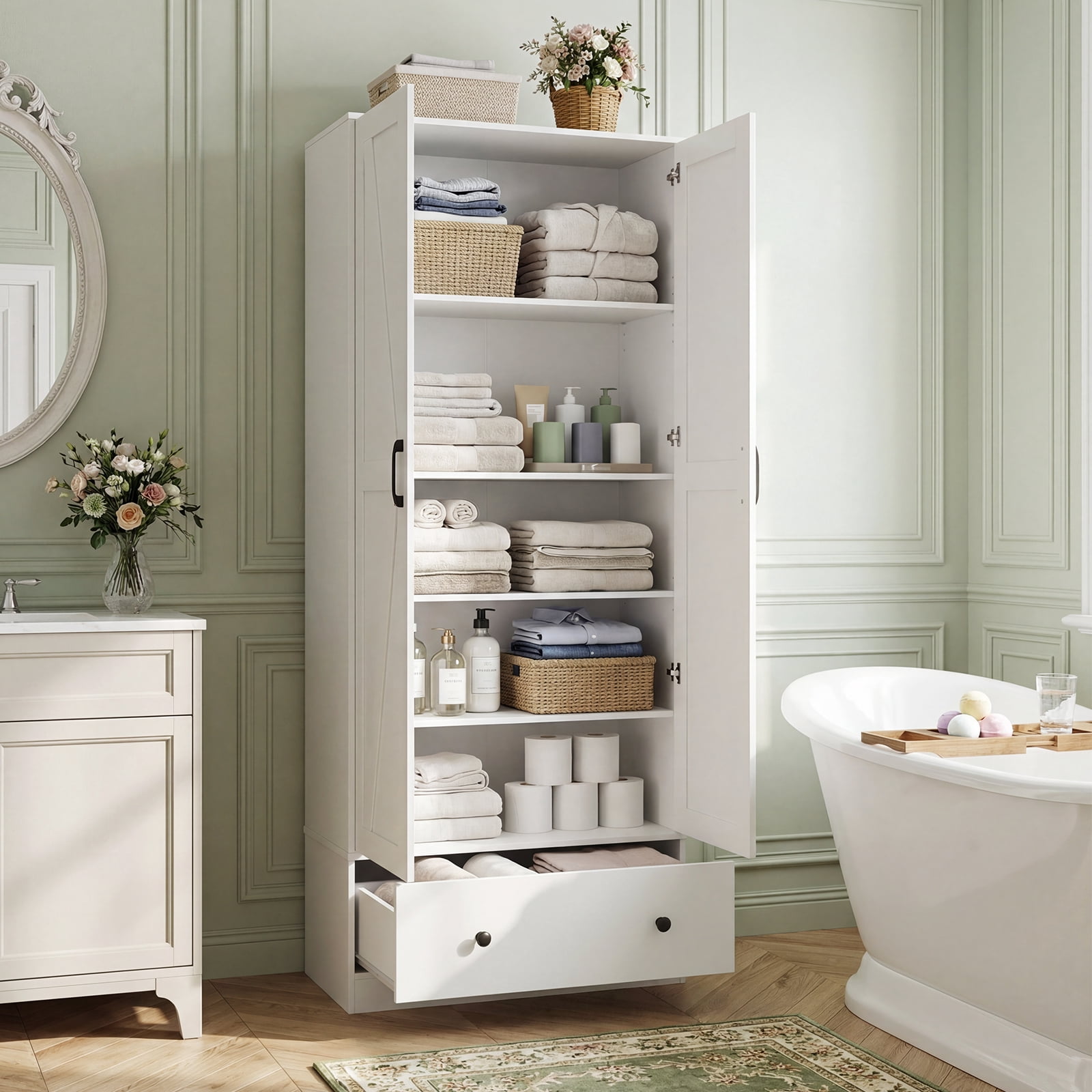 Costway 72" Tall Kitchen Pantry Cabinet, Farmhouse Wooden Cupboard with 2 Doors, Drawer White