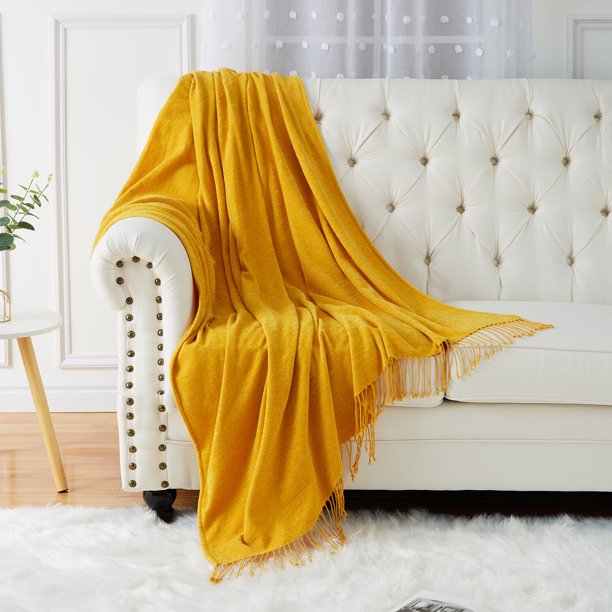 HOMERRY Mustard Yellow Throw Blanket 60" x 50" Soft Chenille Throw