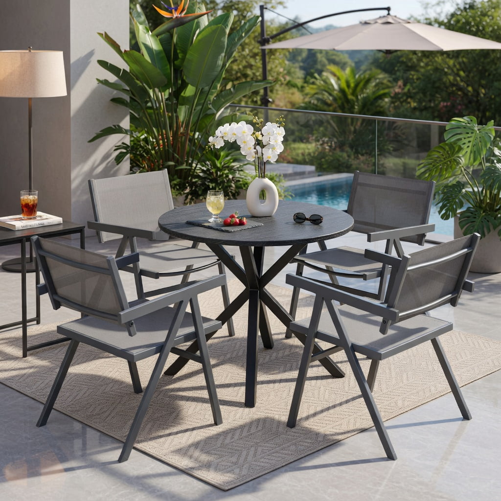 Hommoo 2-Pack Outdoor Patio Dining Chairs, Breathable Fabric Seat, Powder-Coated Metal Frame, Fade-Resistant & Ergonomic Design for Patio, Poolside & Backyard, Gray