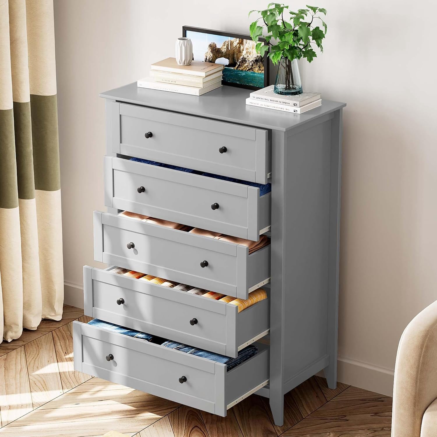 Roromall 5 Drawer Dresser for Bedroom, Tall Dresser with Deep Drawers & Metal Knobs, Modern Wooden Chests of Drawers for Entryway, Hallway
