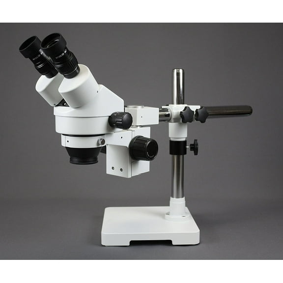 Vision Scientific Binocular Zoom Stereo Microscope, 10x Widefield Eyepiece, 0.7x—4.5x Zoom Range, 7x—45x Magnification Range, Single Arm Boom Stand