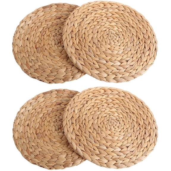 Chainplus 4 Pack Woven Placemats, 10” Round Water Hyacinth Weave Placemat Braided Rattan Tablemats for Dining Table (Natural)