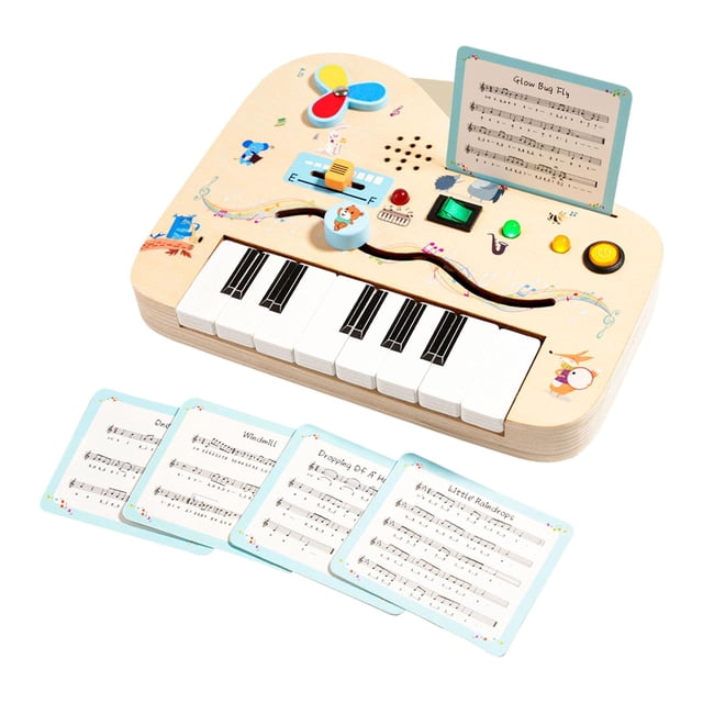Piano de madera con panel de actividades y luz, juguete sensorial preescolar para el aprendizaje temprano, ideal como regalo de cumpleaños para niños
