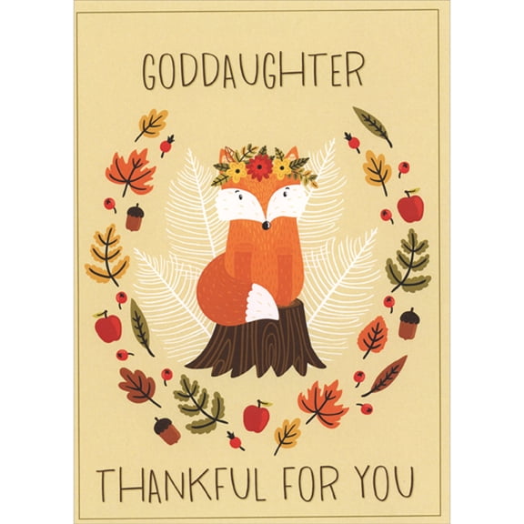 Designer Greetings Fox Wearing Flowers Sitting on Tree Stump Juvenile Thanksgiving Card for Goddaughter