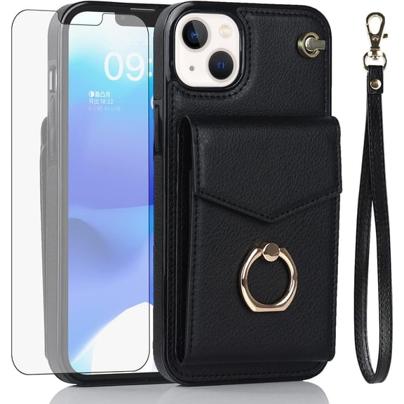 REQO Phone Case for iPhone 14 Plus 6.7 inch Wallet Cover with Tempered Glass Screen Protector and RFID Blocking Ring Card Holder Cell i-Phone 14  iPhone14Plus 5G i i14   iPhone14 14Plus Women Black