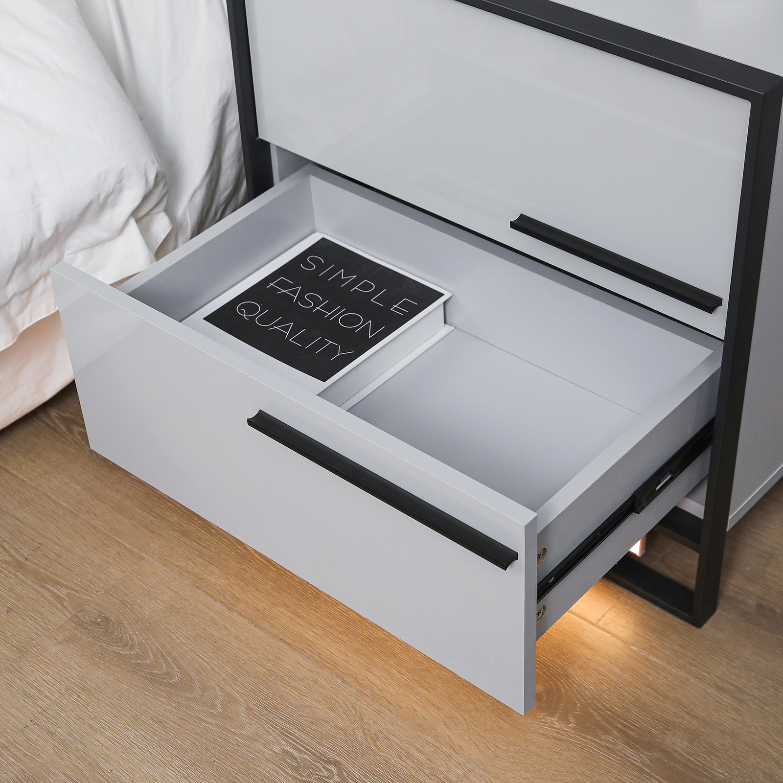 Hommpa LED Nightstand 2 Drawer Modern Bedside Table 3 Color Led Light Magnetic Auto Wireless Infrared Sensing Adjustable Brightness Gray Smart Night Stand with Metal Frame Side Table for Bedroom