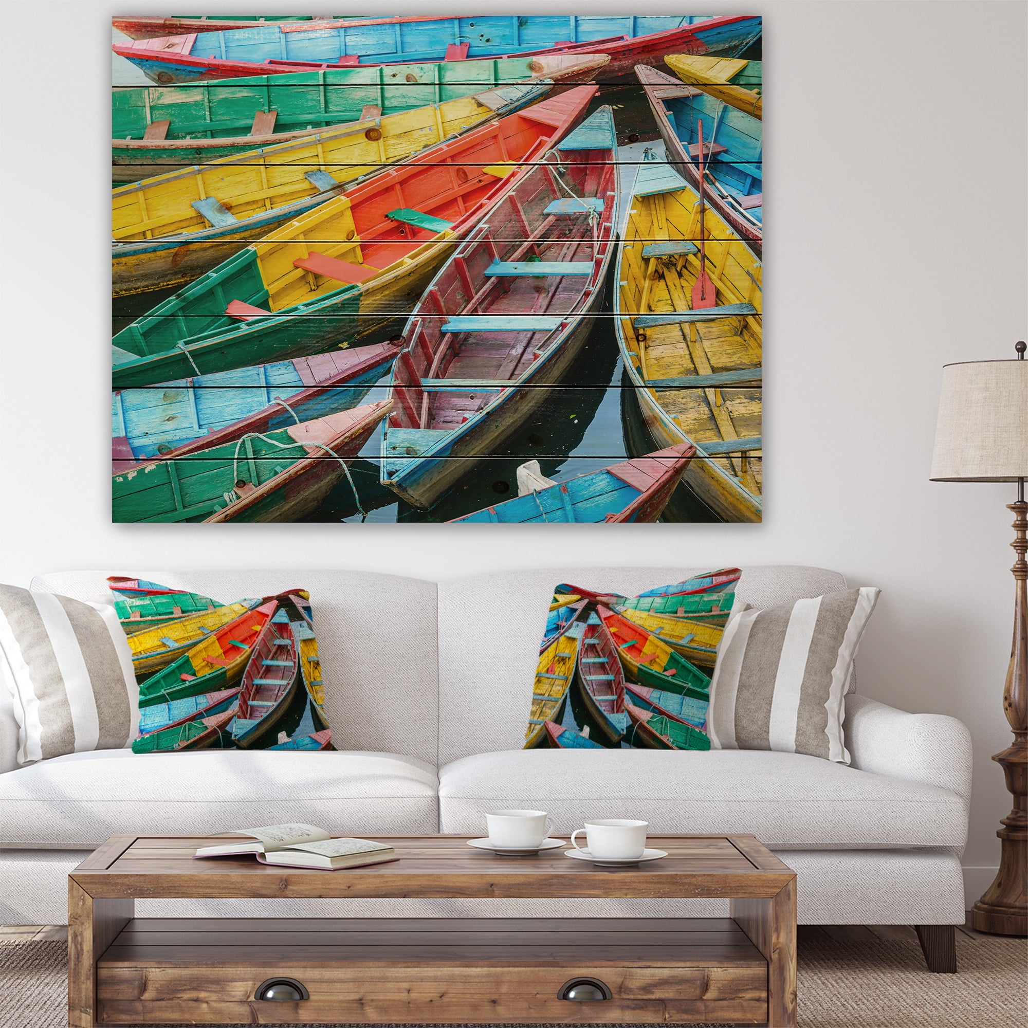Designart 'Rowing Boats on the Lake in Pokhara' Boat Print on Natural Pine Wood