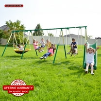 Sportspower Super Fun 8-Station Metal Swing Set with 6' Slide, Swings, Flying Saucer, Glider, Rocking Horse, and Bonus Anchor Kit
