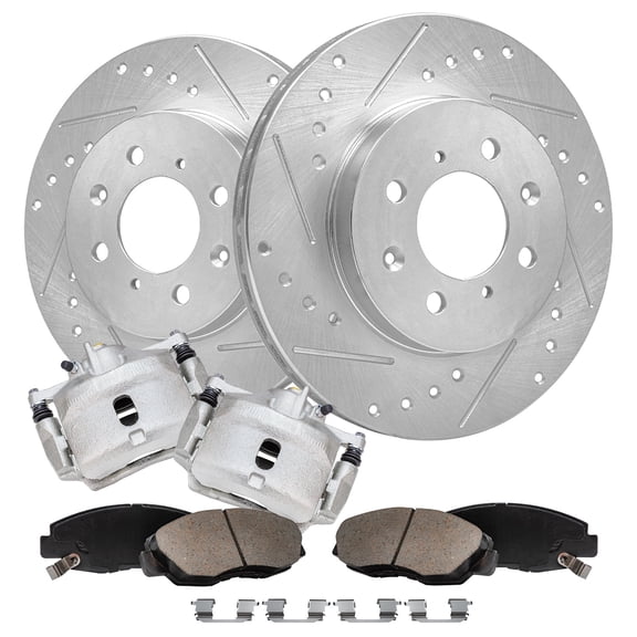 Detroit Axle - Front Brake Kit for 1996-2005 Civic 2010-2014 Insight 1997-2000 EL Drilled & Slotted Brake Rotors Brake Calipers w/ Brackets Ceramic Brakes Pads Replacement [10.32 inch Front Rotors]