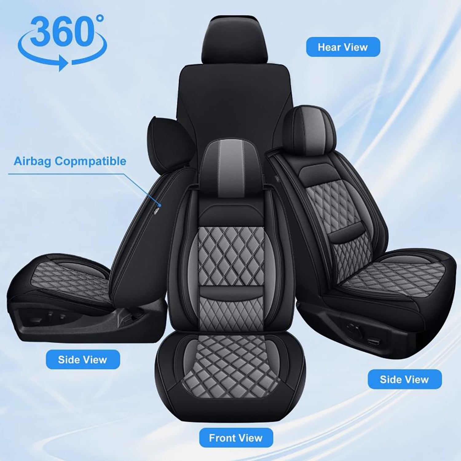 Car Seat Covers Full Set for Car Seat Covers Custom Fit for Nissan Sentra 2008-2026 2 Rows 5-Seat Set Faux Leather Seat Covers Waterproof Car Seat Protector (5-Seat Set, Black&Gray)
