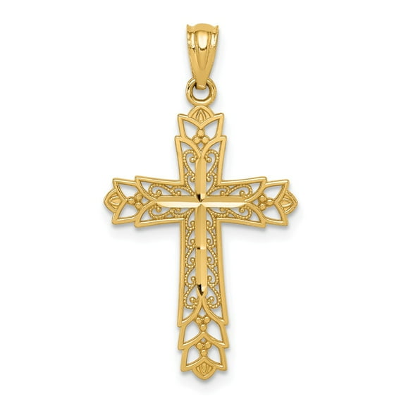 Real 14kt Yellow Gold Gold Polished Filigree Cross Pendant; for Adults and Teens; for Women and Men