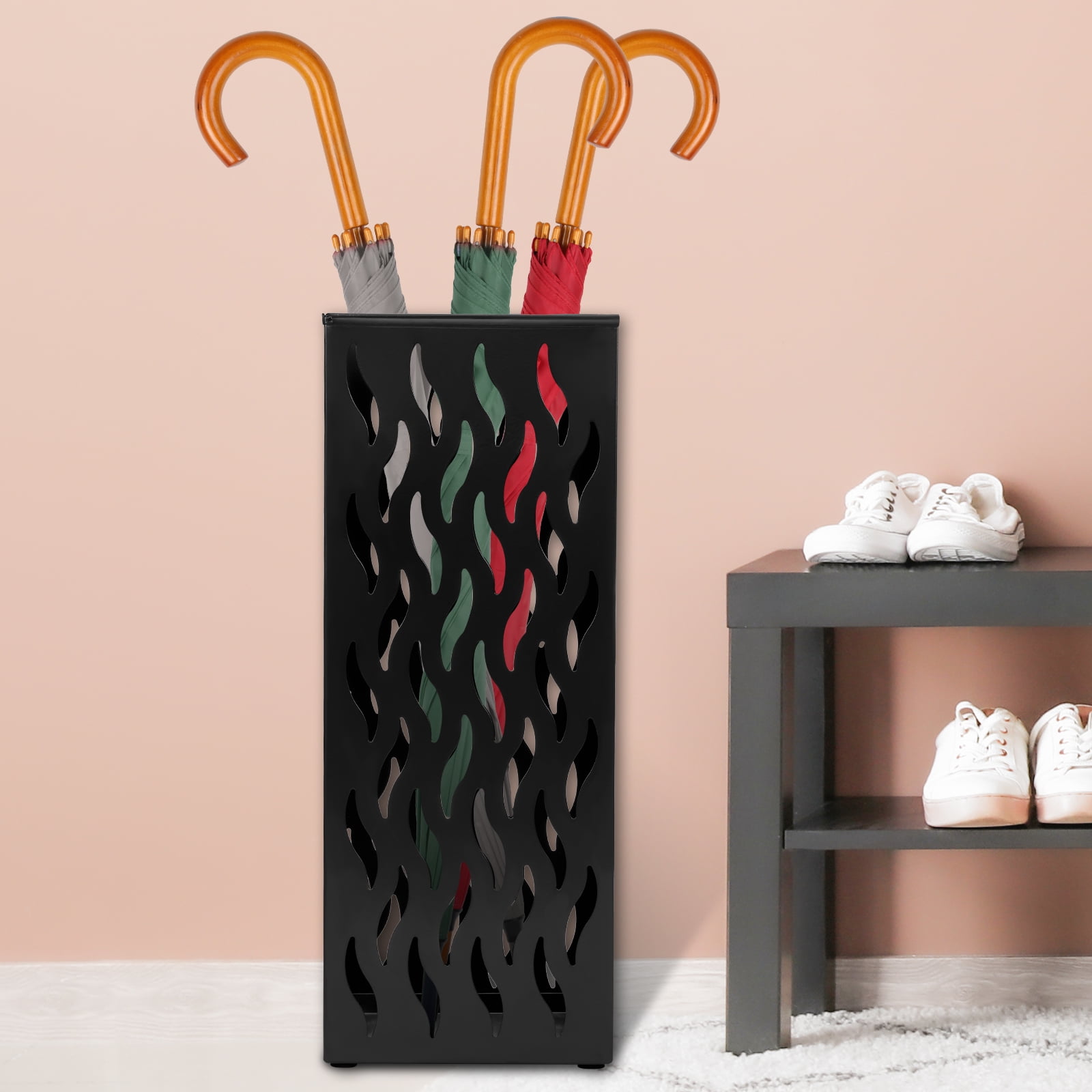 Wekvgz Metal Umbrella Indoor Holder Entryway Hollowed Square Decorative Umbrella Racks and Stands Freestanding Storage Organizer (6.5*6.5*16.5in)