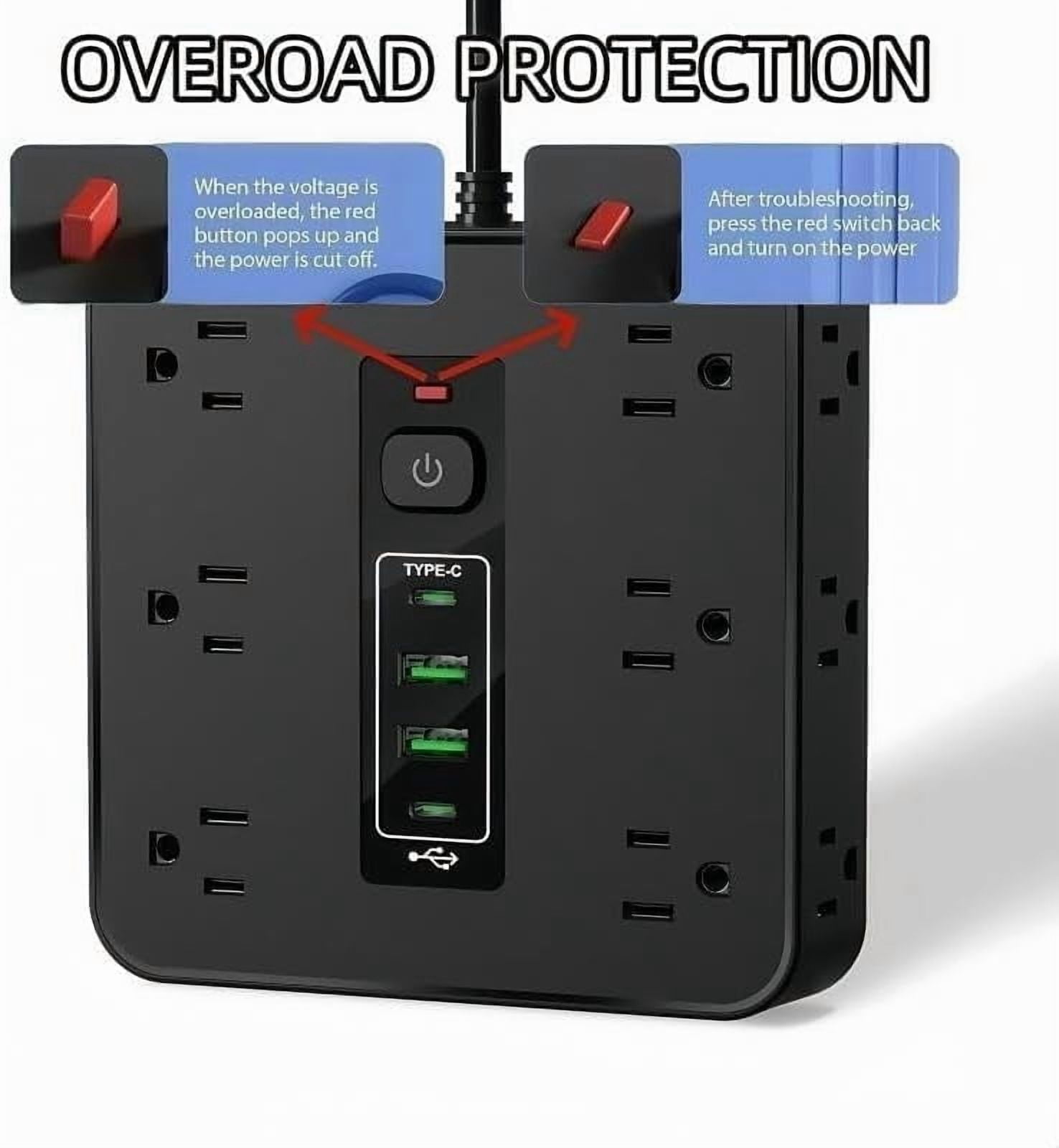16-in-1 Power Strip Surge Protector with 12 AC Outlets, 3 USB-A & 1USB-C Ports, Time Display for Home & Office Use