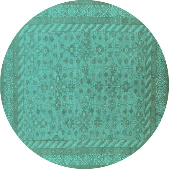 Ahgly Company Machine Washable Indoor Round Oriental Turquoise Blue Industrial Area Rugs, 3' Round