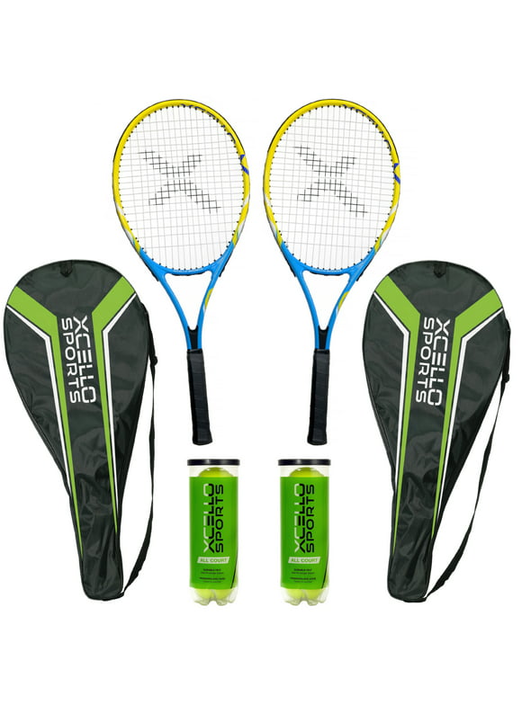 Xcello Sports 2-Player Aluminum Tennis Racket Set for Adult - Includes Two 27" Tennis Rackets, Six All Court Balls, and Two Carry Cases - Blue/Yellow