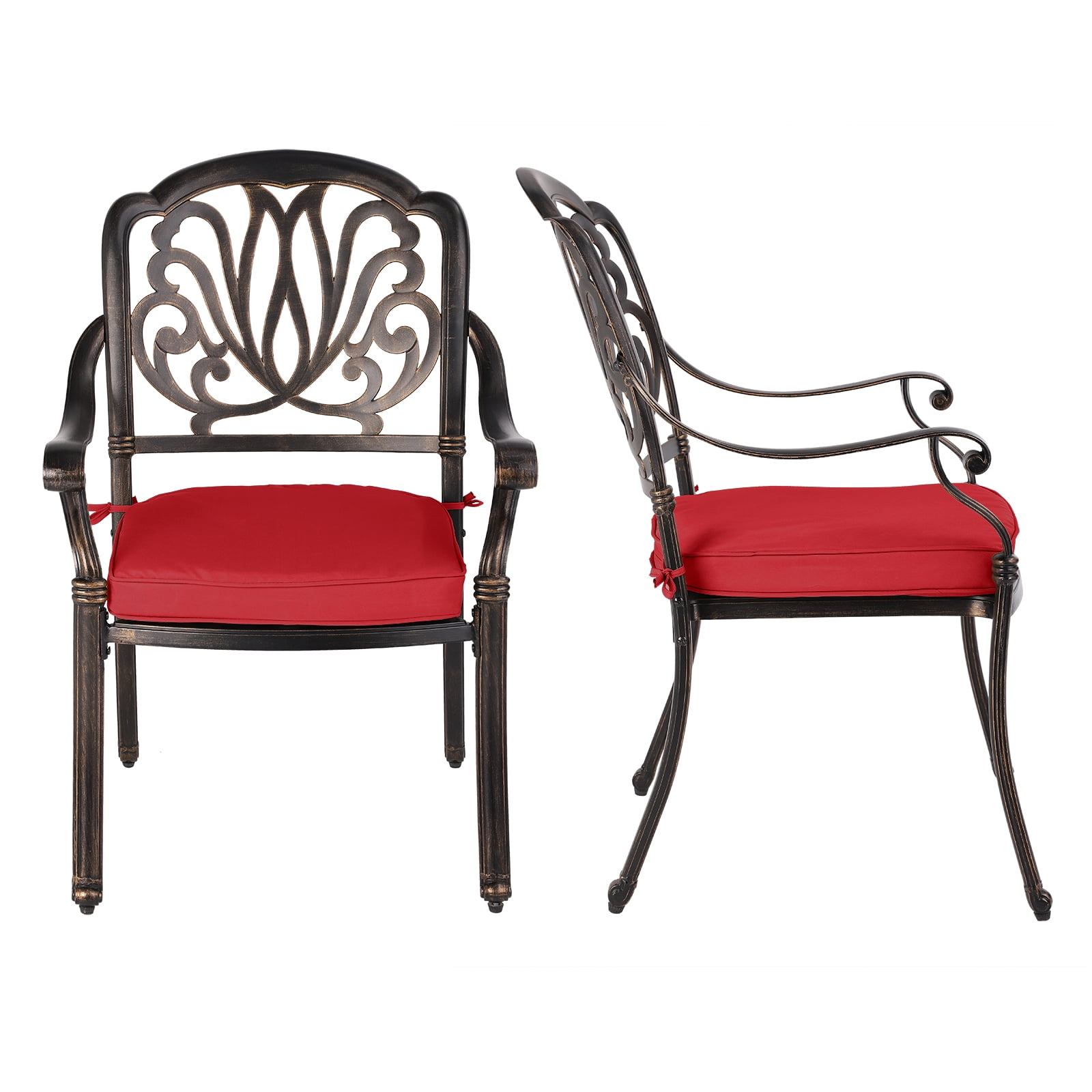 Magic Union 2 Piece Outdoor Cast Aluminum Dining Chairs with Red Cushion