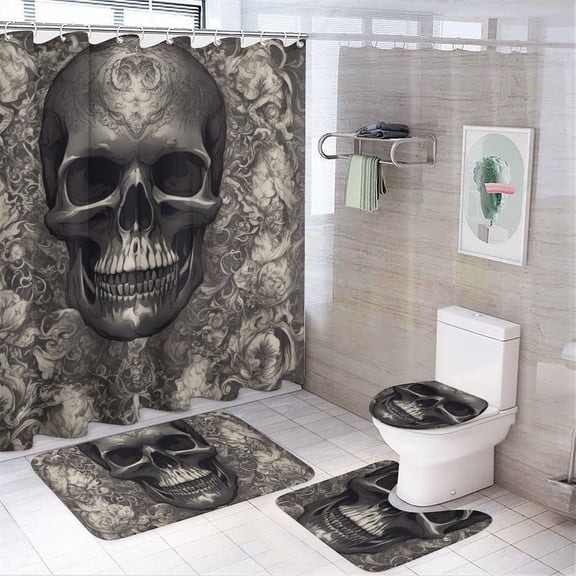 Black Skull 4 Pcs Bathroom Shower Curtain Set, Bathroom Sets with Rugs (Bath Mat, U Shape and Toilet Lid Cover Mat) and 12 Hooks,
