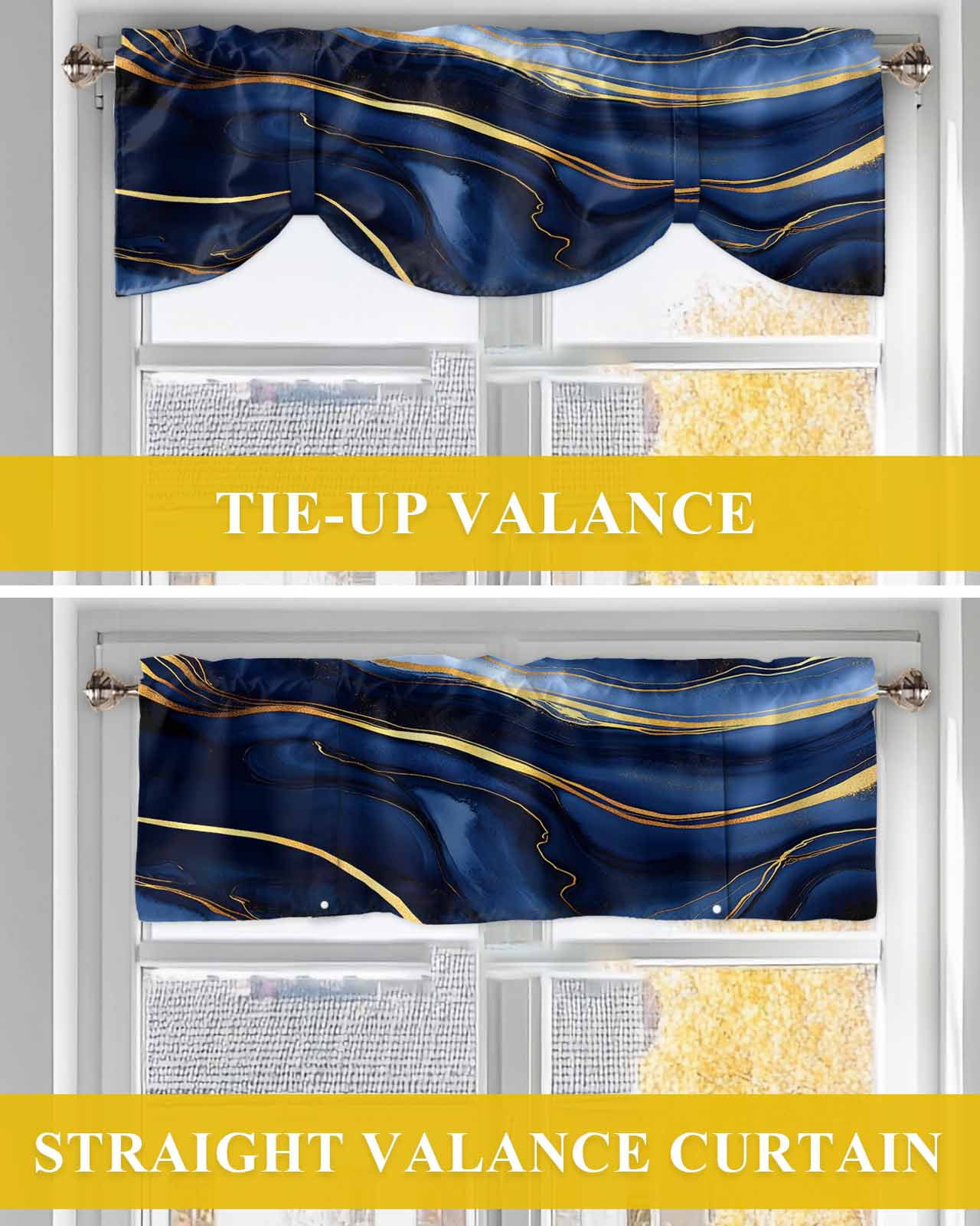 Marble Texture Tie Up Valances Curtain, Adjustable Kitchen Modern Blue Golden Fluid Art Valances for Windows Decor, Rod Pocket Short Curtains Set for Bedroom/Bathroom, 60"x18"