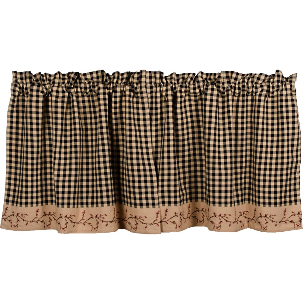 Berry Vine Check Black and Nutmeg 72" x 24" Lined Cotton Curtain Tiers by Primitive Home Decors