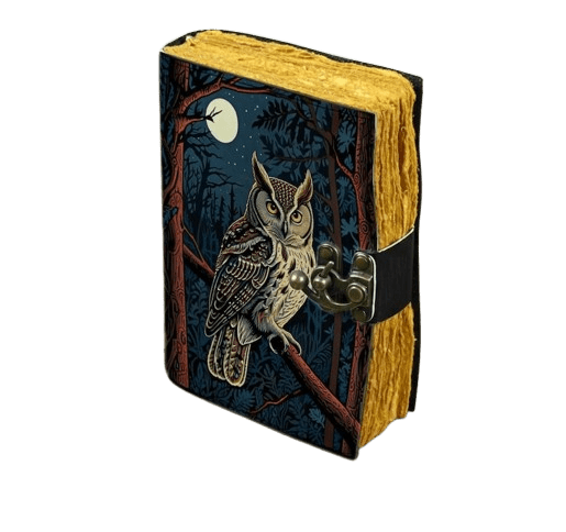 Handmade Leather Journal with Owl Artwork – 5" x 7", Deckle-Edge Paper – Vintage Artistic Notebook