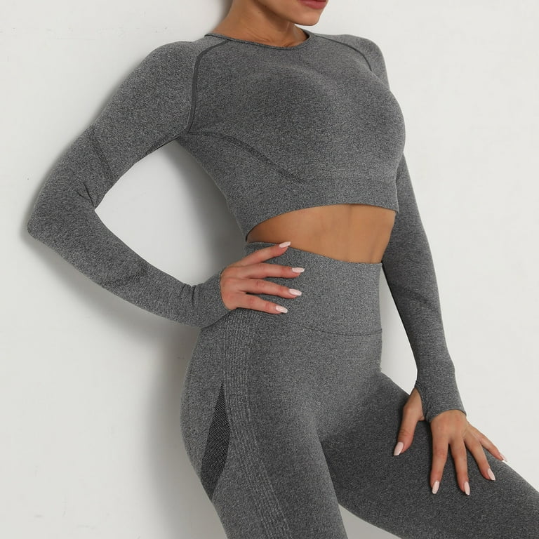 RQYYD Women's Seamless 2 Piece Outfits Workout Long Sleeve Crop