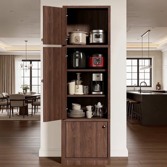 OMCHOM 71" Tall Kitchen Pantry Cabinet, Freestanding Storage Cabinet 3-Door with Adjustable Shelves Reversible Doors for Bathroom Living Room, Walnut