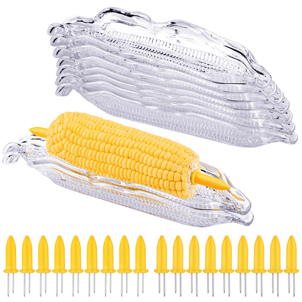 Elcoho 9 Pack Plastic Corn Trays Transparent Corn Dishes with 18 Pieces Stainless Steel Corn