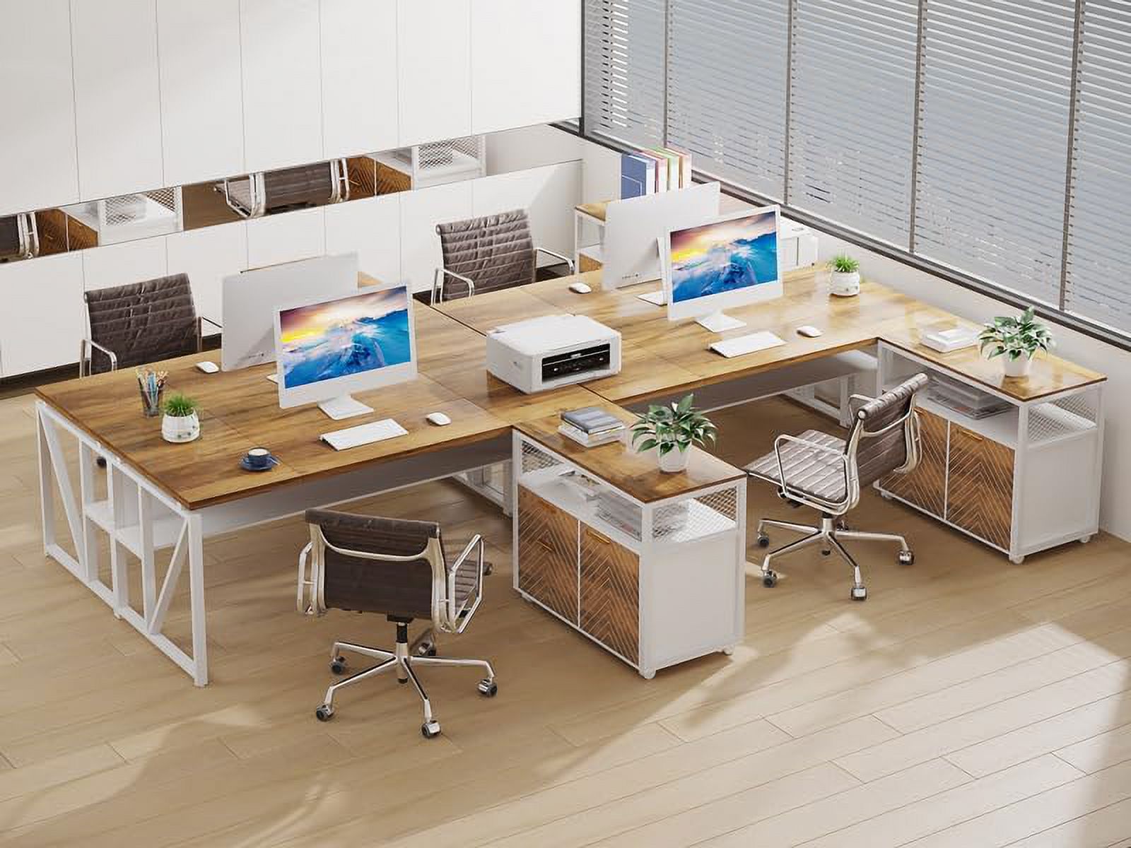 Tribesigns 63" L Shaped Executive Desk with Lateral File Cabinet, Doors with Locks, Desk with Shelf (Brown and White)