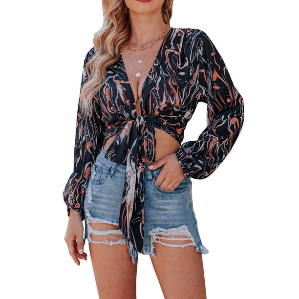 Txlixc Blusa de manga larga para mujeres, flor / patrón geométrico / vendaje impreso leopardo Txlixc moda