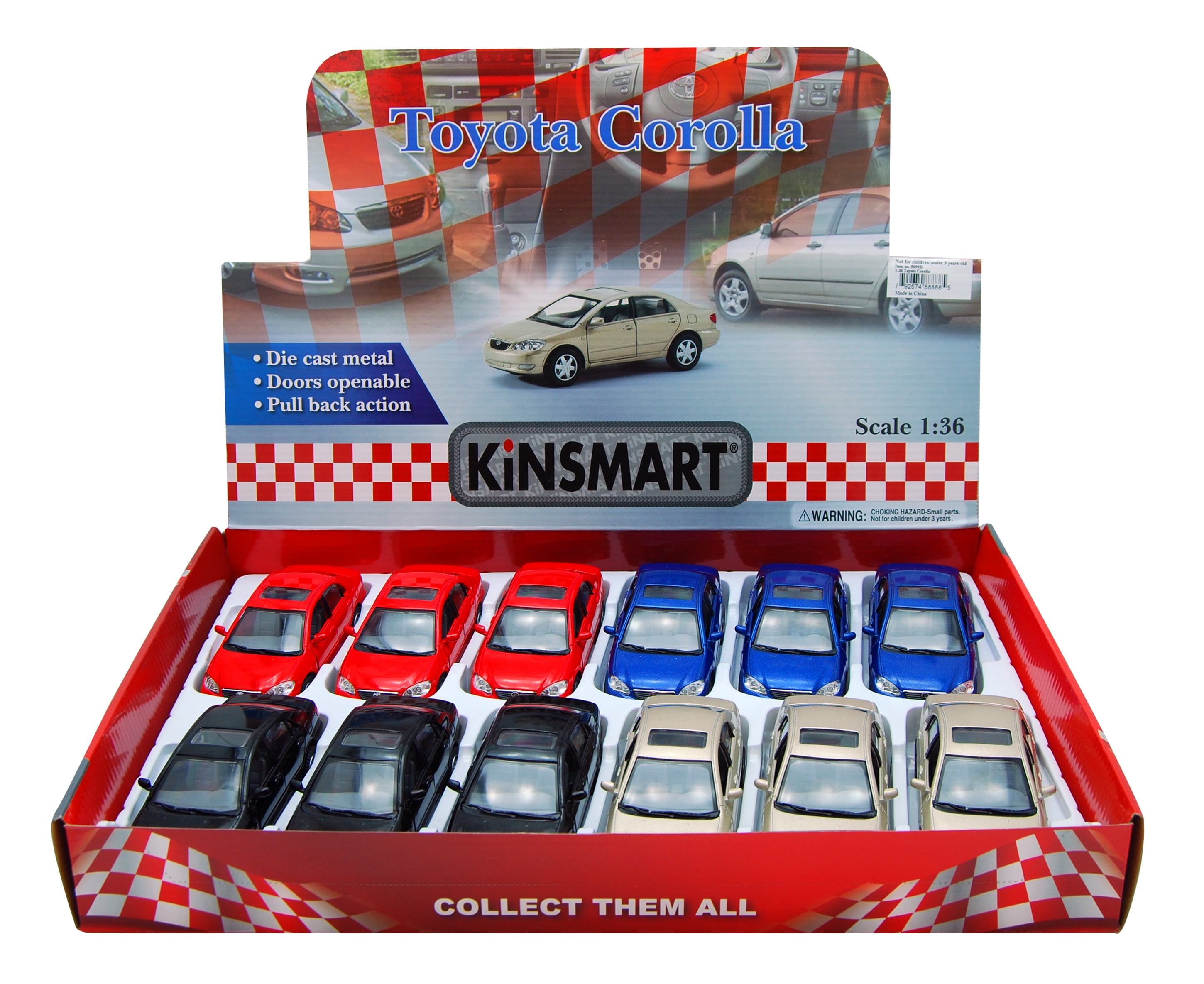 Toyota Corolla Diecast Car Package - Box of 12 1/36 scale Diecast Model Cars, Assorted Colors