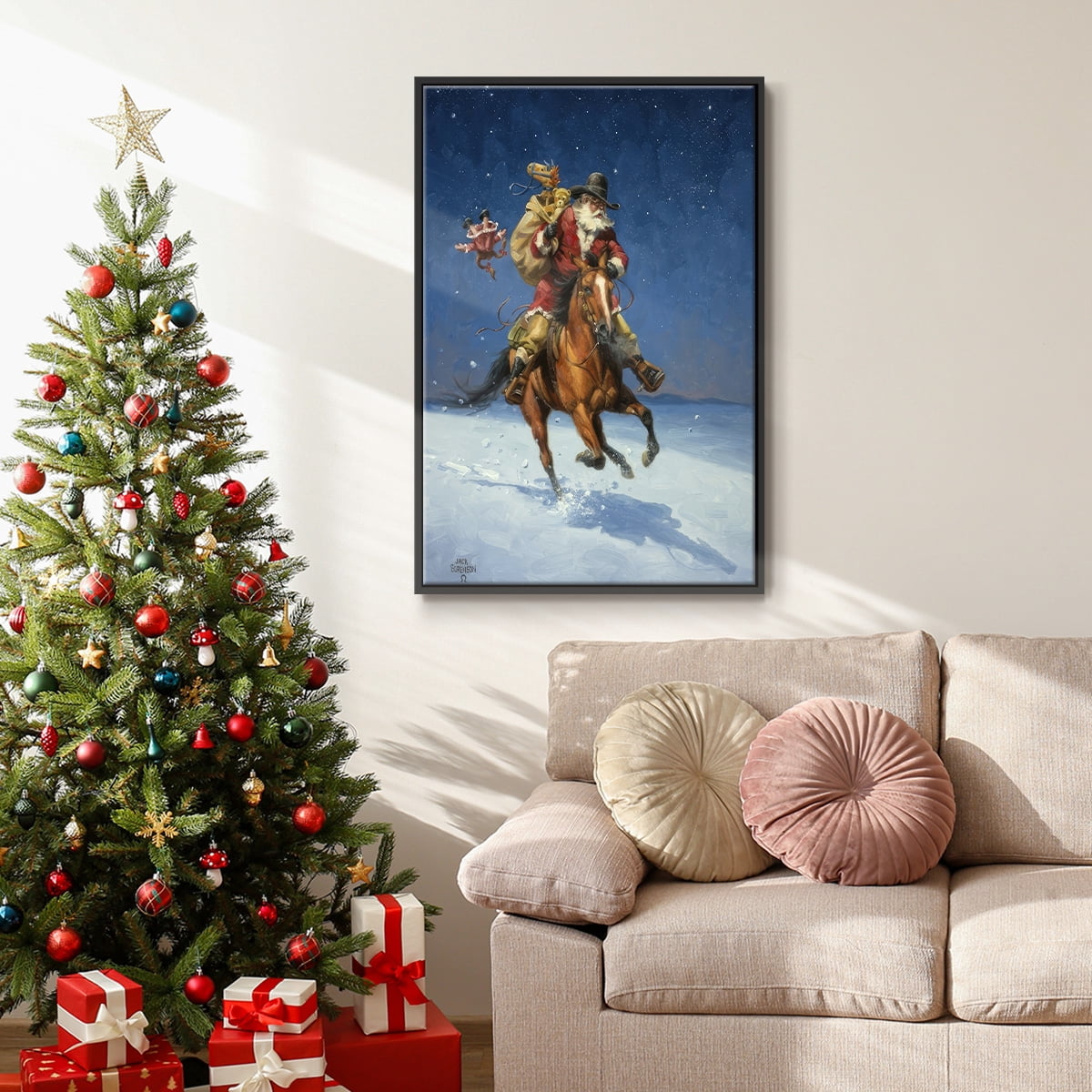 Midnight Rider - Framed Gallery Wrapped Holiday Canvas - 27 x 41 - Black Frame