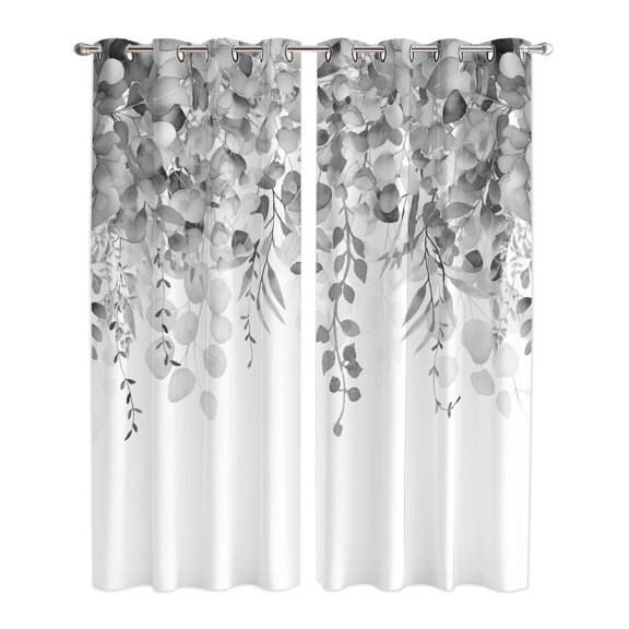 Grey Botanical Window Curtains Panels with Silver Grommet, Weeping Eucalyptus Leaves Watercolor Kitchen Cafe Curtain Draperies Window Treatment Set for Living Room/Bedroom/Laundry/Bathroom, 84x84