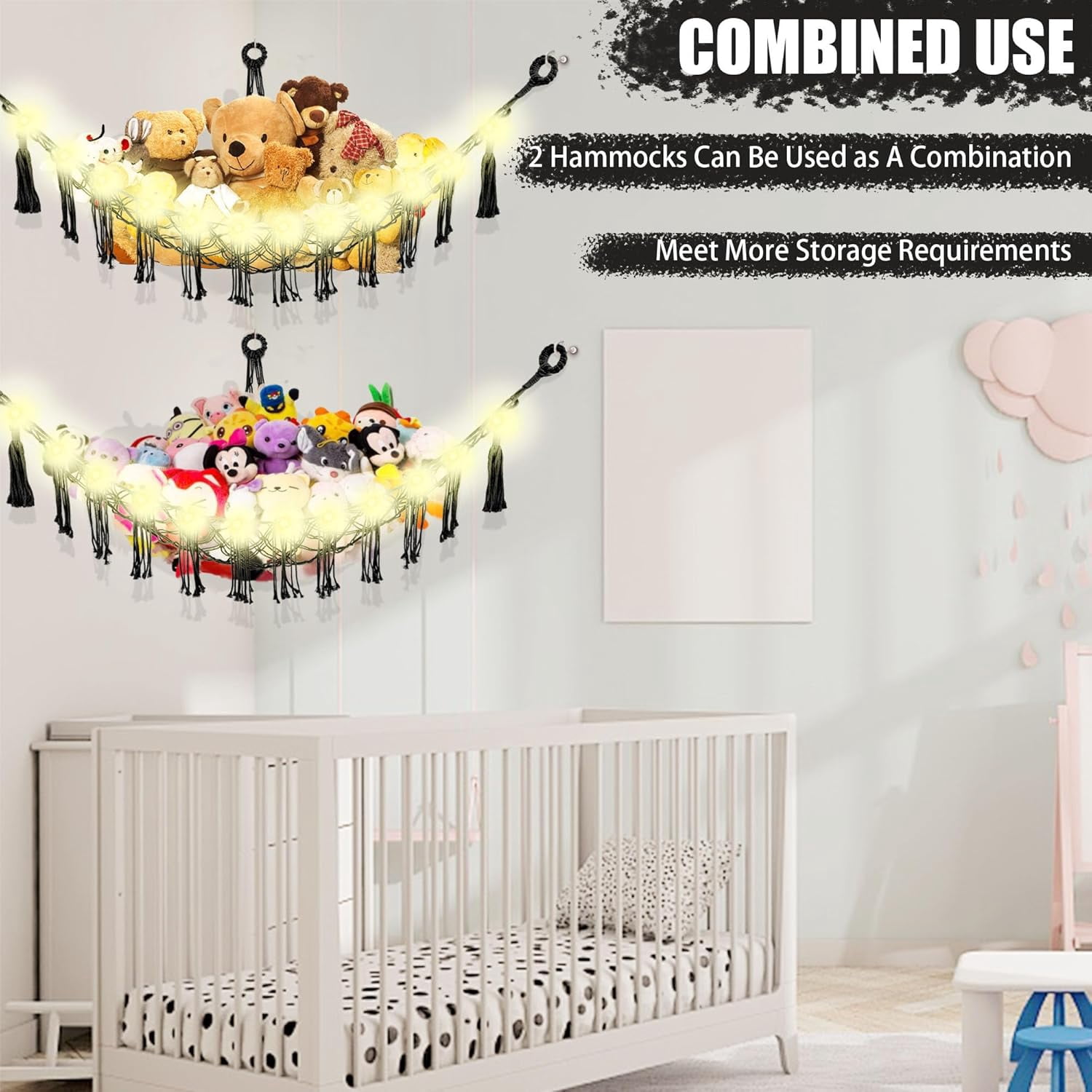 Stuffed Animal Hammock with LED Light, 2 Pack Toy Hammock for Stuffed Animals Storage for Kids, Stuffed Animal Hammock Corner, Black