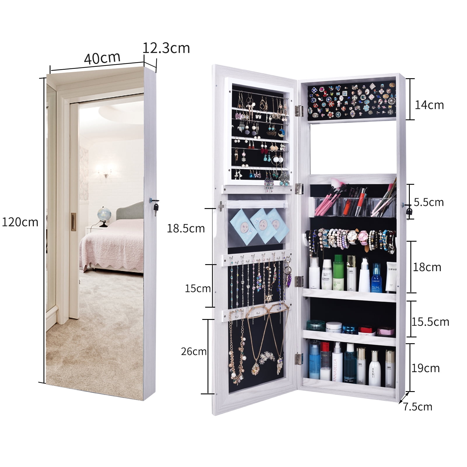 Private Jungle Retro PVC Wood Grain Coating Whole Body Mirror Decoration Storage Dressing Mirror Jewelry Mirror Cabinet,White