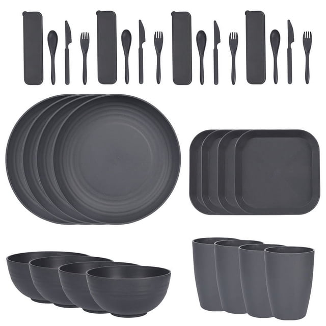 Zhuge Juego de vajilla de paja de trigo de 32 piezas para 4 personas, ligero e irrompible, apto para microondas y lavavajillas, perfecto para picnic, dormitorios y camping,color gris oscuro