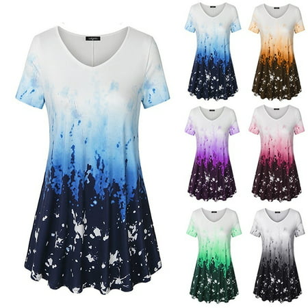 Womens V Neck Short Sleeve A Line Curved Hem Tie Dye Business Casual Dressy Tunic (Best Business Casual Looks)