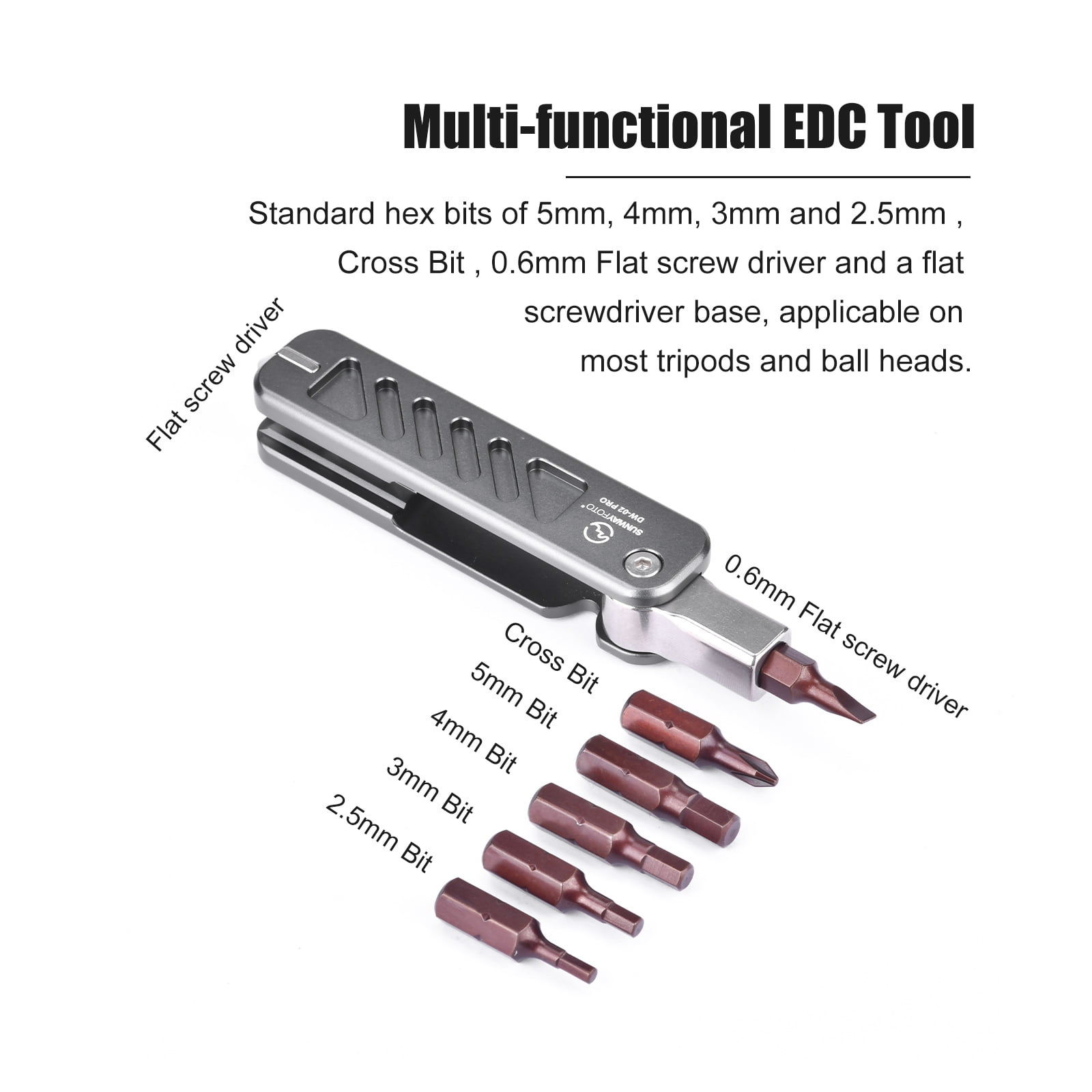 UNWAYFOTO DW-02 PRO Folding Tool Set with Hex Key Wrenches Stainless Steel 2.5/3/4/5mm, Phillips and Flat Head, Edc Multitool Keychain Screwdriver