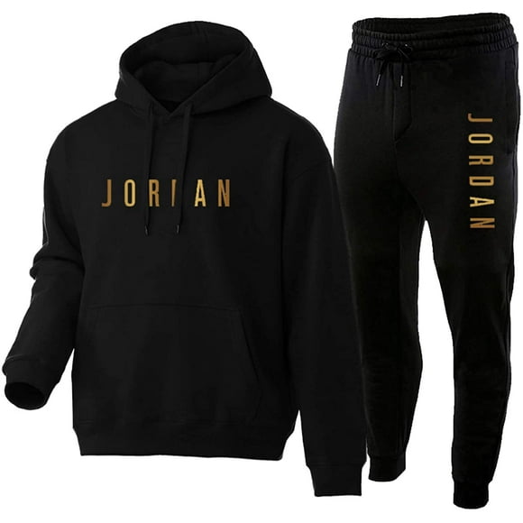 Men's Tracksuits Full, Jordan Jersey Hoodies and Sweat Pants 2 Piece，Classic Comfy Vintage Sweatshirt Long Sleeve Tops and Bottom for Home Gym Black-M