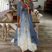 Womens Summer Dresses Flowy Elegant Floral Print Plus Size Sleeveless Maxi Dress and Chiffon Coverups Two-Piece Set