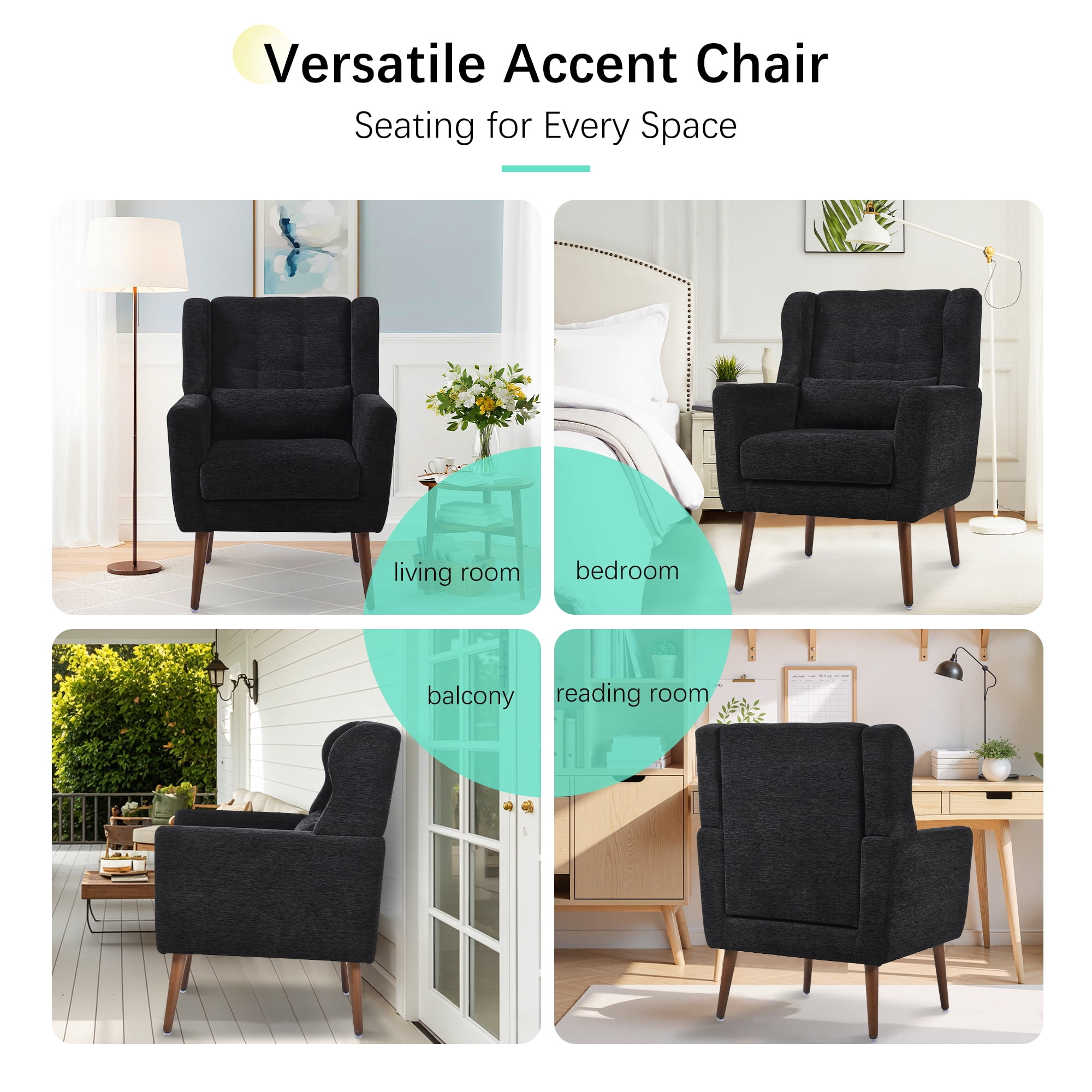 AISWORD Modern Accent Chair, Upholstered Armchair with Pillow, Fabric Single Sofa Chair with Lounge Seat and Wood Legs Accent Chair for Living Room Bedroom Small Spaces, Black