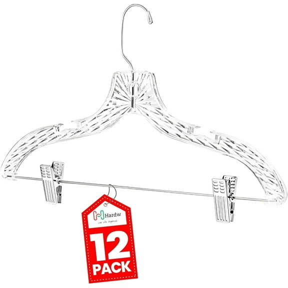 HARDW Clear Plastic Heavy Duty Clothes Hangers with Adjustable Clips - Crystal Clear Plastic Hanger, Durable Adult Hangers for Skirts, Pants, and More - Pack of 12