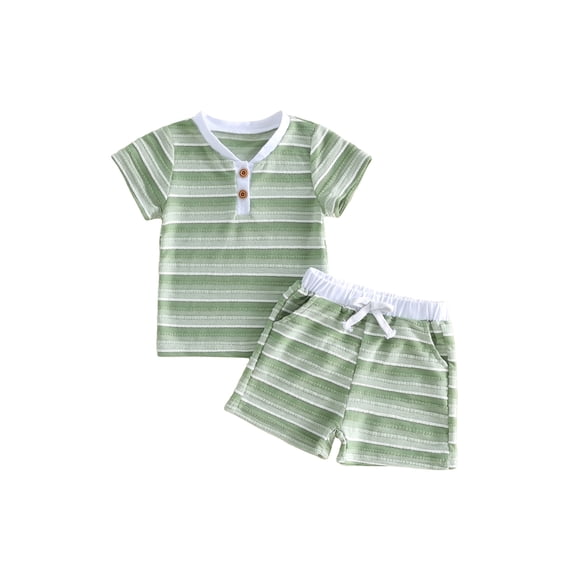 Cenuakty Toddler 6M 12M 18M 2T 3T 4T 5T Baby Boy Summer Outfit Casual Striped Button V Neck Short Sleeve Tops and Shorts 2 Pcs Set