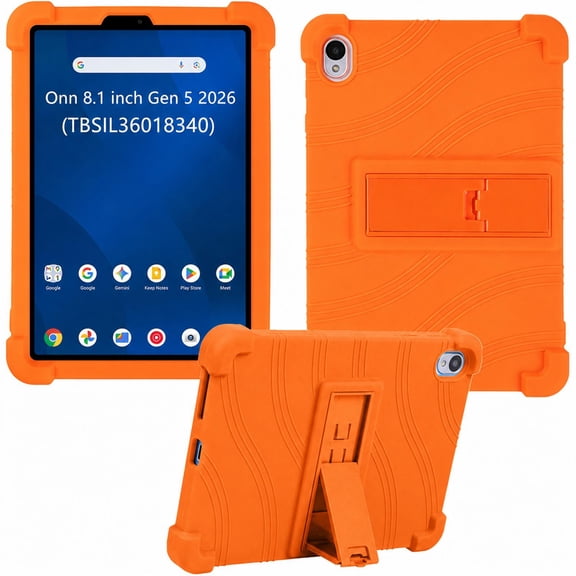 Poweltek Adjustable Stand Case for Walmart 2026 Onn 8.1 Inch Gen 5 2026 Model (TBSIL36018340), Shockproof Soft Silicone Kids Friendly Protective Cover, Orange