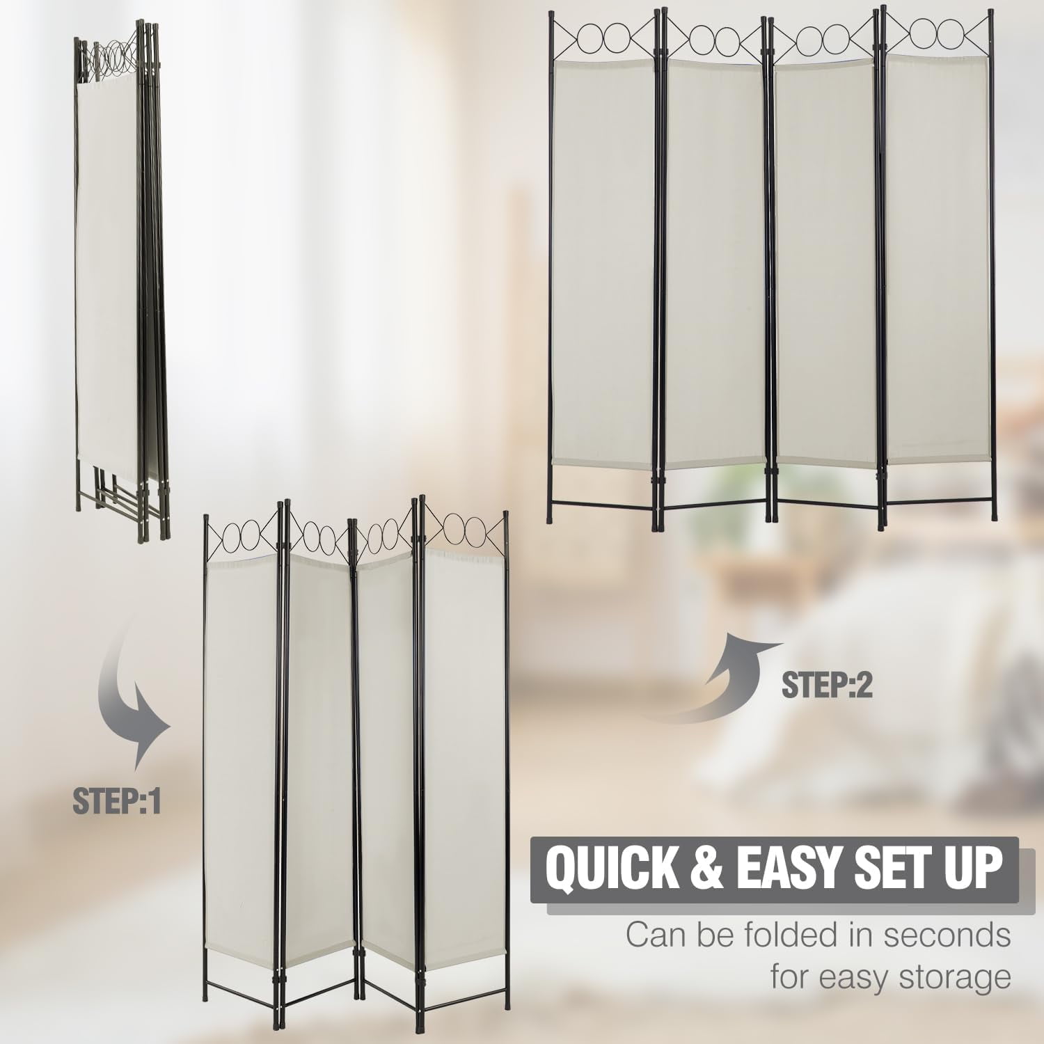 FDW 4 Panel Room Divider 6 ft Steel for Home Office Bedroom, Beige