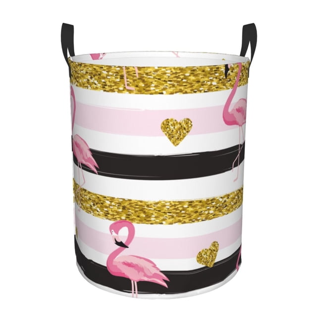 Balery Gold Glittering Hearts and Flamingos Cesta de ropa redonda con asas, impermeable, independiente, para ropa, juguetes, dormitorio y familia-Small